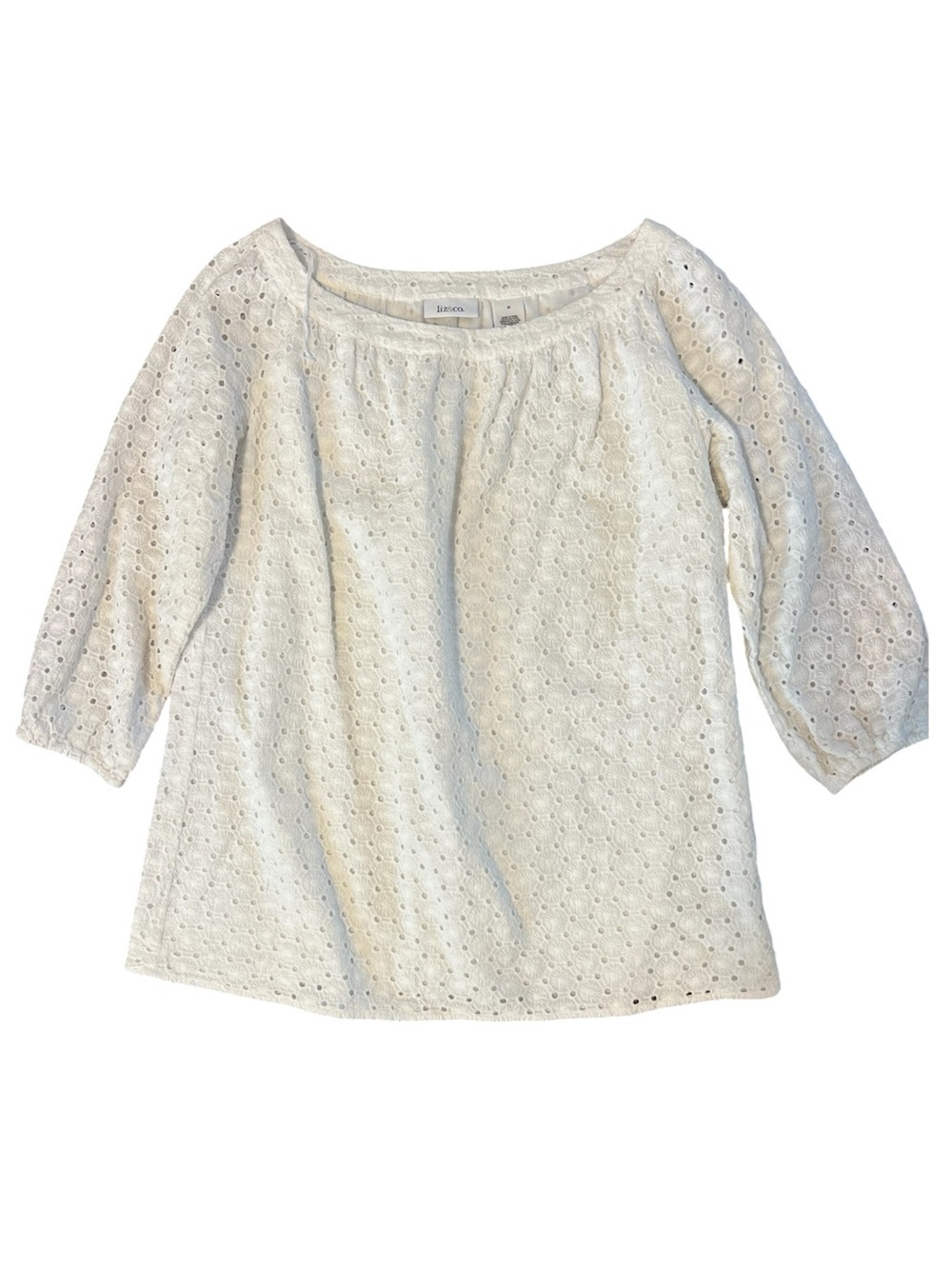 Liz and Co White Cotton Eyelet Peasant Top Sz M
